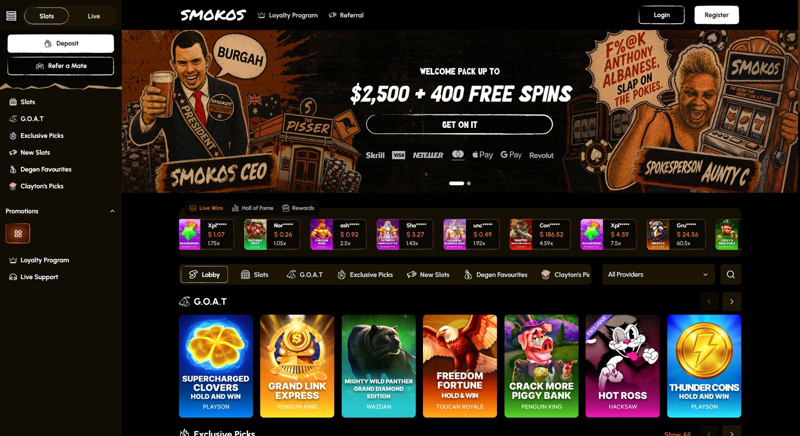 The Smokos lobby - welcome banner, live wins ticker and game categories